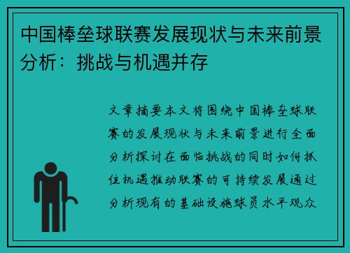 中国棒垒球联赛发展现状与未来前景分析：挑战与机遇并存