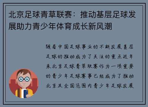 北京足球青草联赛：推动基层足球发展助力青少年体育成长新风潮
