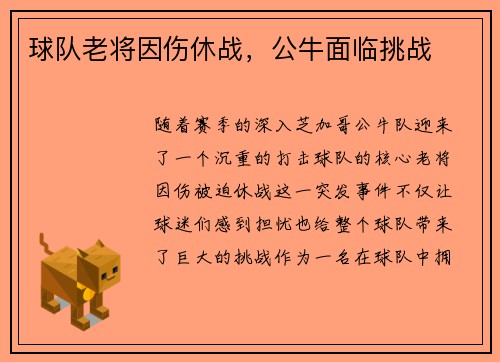 球队老将因伤休战，公牛面临挑战